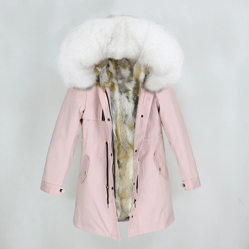 pink white OFTBUY натуральный Лисий мех воротник парка с капюшоном зимняя куртка женская натуральный кроличий мех внутри Толстая теплая верхняя одежда Уличная Роскошная - Цвет: pink white