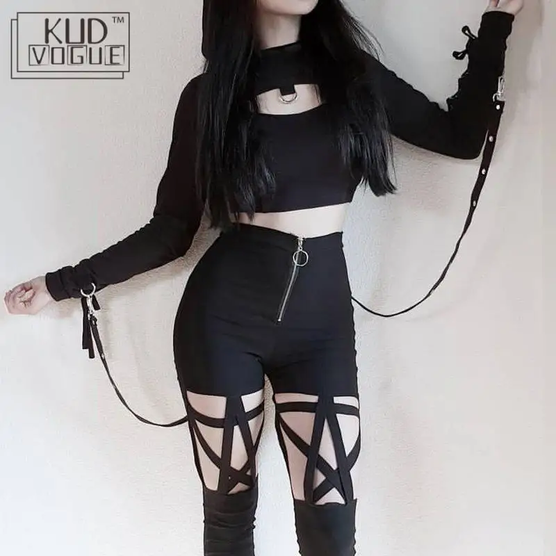 Женские обтягивающие штаны в готическом стиле панк хип хоп с дырками высокой