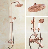 antique red copper brass two cross handles bathroom rainfall shower faucet set bath tub mixer tap hand held shower head mrg506