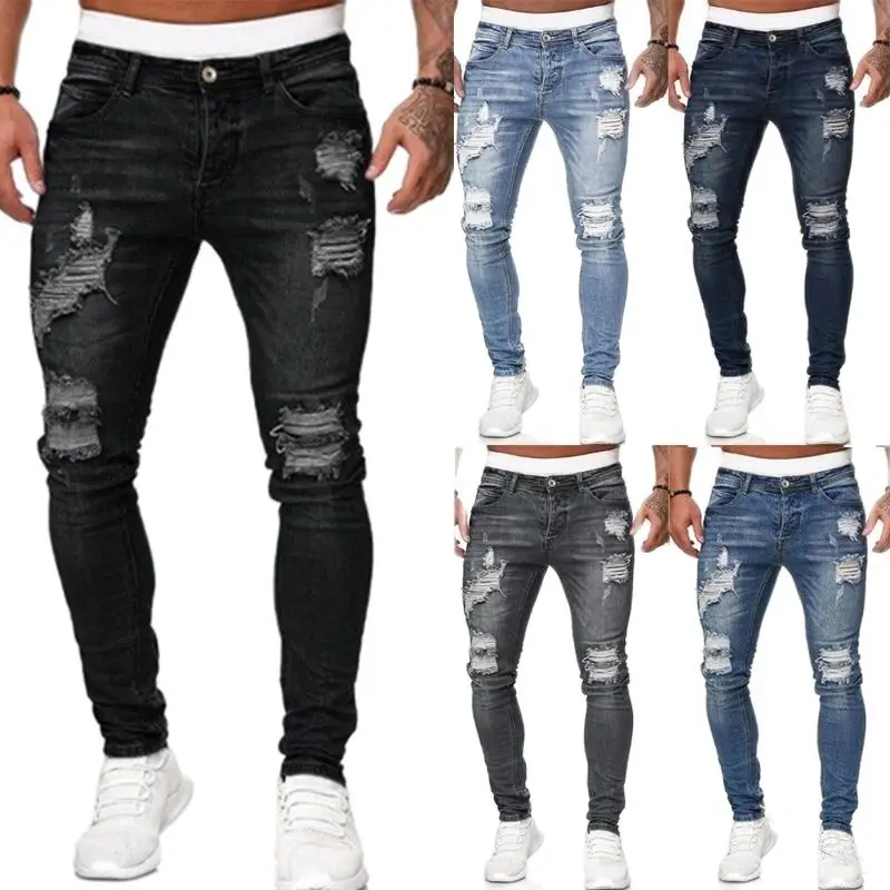 

FAKUNTN 2021 Men's Jeans Ripped Skinny Hole Trousers Stretch Slim Denim Pants Large Size Hip Hop Black Blue Casual Jogging
