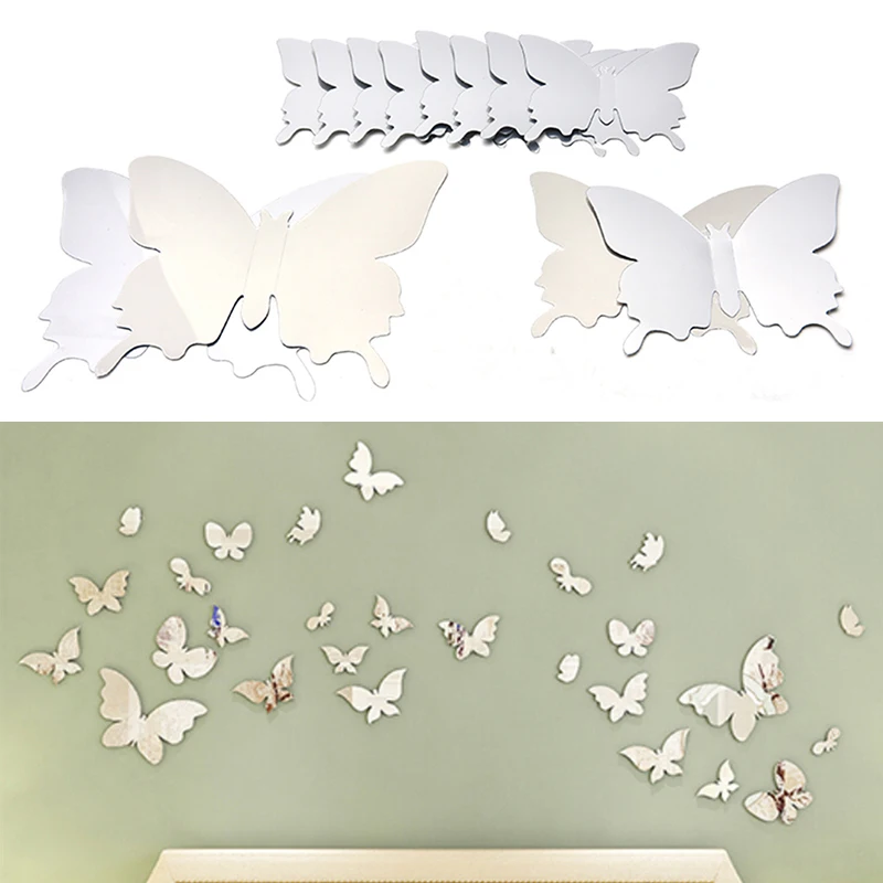 

12 шт./компл. 3D Серебристые зеркальные настенные художественные наклейки, наклейки, бабочки, украшения для дома