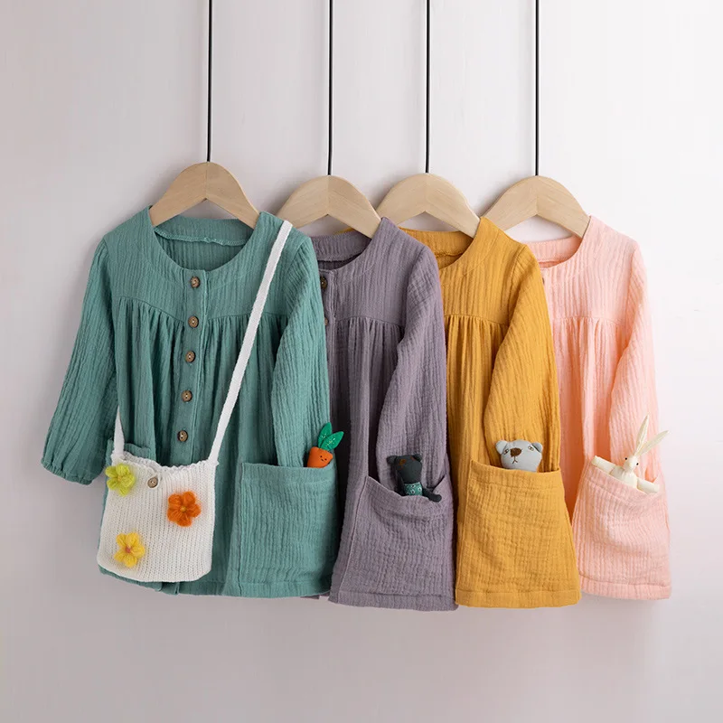 

Girls' Dresses Autumn Long-Sleeved Baby European and American Cotton Linen Solid Color With 3D Lovely Cartoon Animals