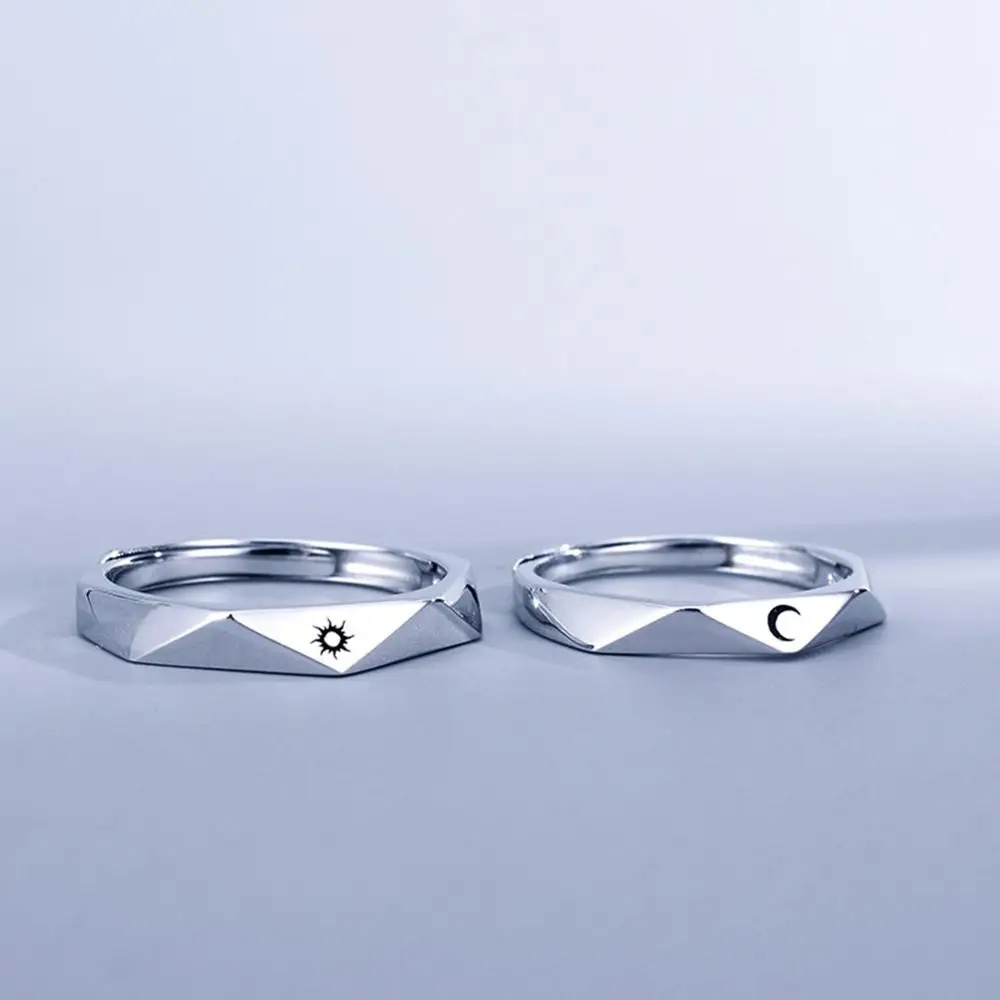 Парное Открытое кольцо с солнцем и луной минималистичное серебряное