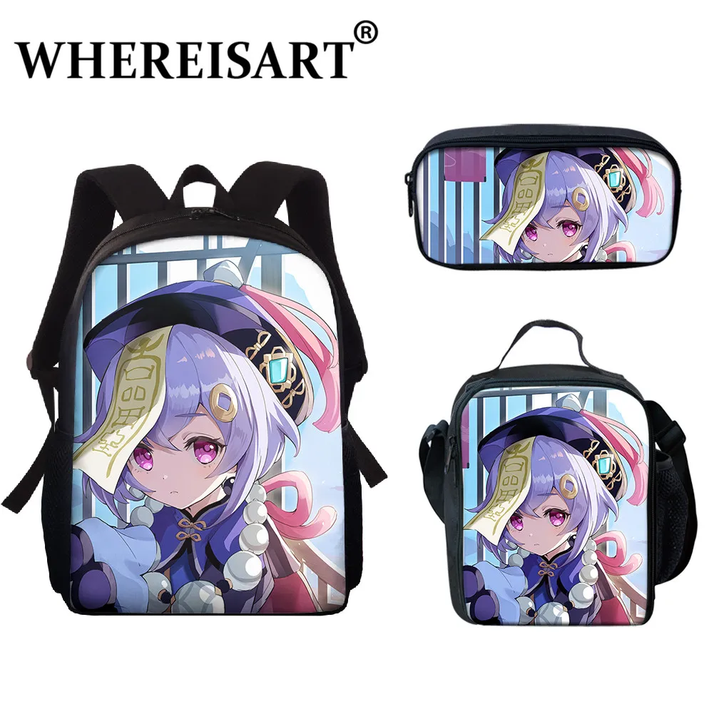 

WHEREISART Young Men Women's 3pcs/Set Novel Game Genshin Impact Backpack Student Bookbag Cute Qiqi Pencil Bag Lunch Case For Kid