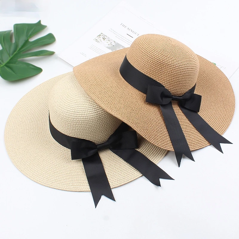 

Handmade Weave Summer Sun Hat Beach Raffia Straw Cap Black White Bow Ribbon Caps Female Wide Bow Summer Anti Uv Straw Sun Hats