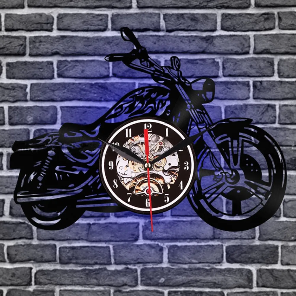 Мотоцикл Виниловая пластинка настенные часы 3D ретро Часы дом мотоцикл искусства