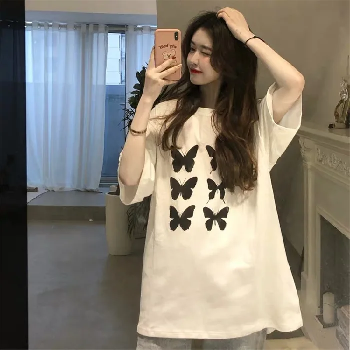 

Retro Butterfly Short-sleeved T-shirt Female Ins Tide Loose Korean Version 2021 Summer Harajuku Style All-match Student Shirt