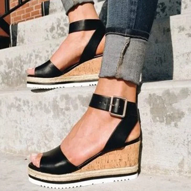 Женщины клинья сандалии 2020 Летняя мода лодыжки ремень Peep Toe водонепроницаемый