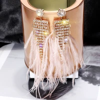 fyuan luxury shiny crystal earrings long tassel pink feather rhinestone drop earrings for women wedding party jewelry