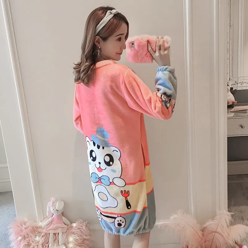 Зимняя теплая фланелевая ночная рубашка женское домашнее платье kawaii розовая