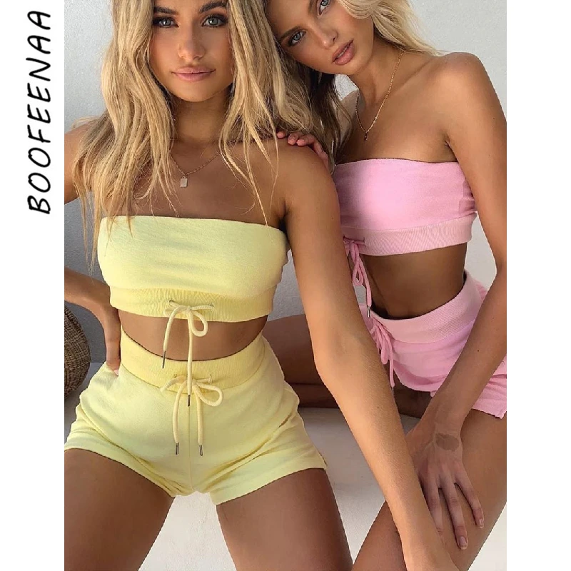 

BOOFEENAA 2020 Summer Clothes Club Outfit for Woman Sexy Two Piece Set Women Cropped Tube Top and Shorts Matching Sets C97-CE26