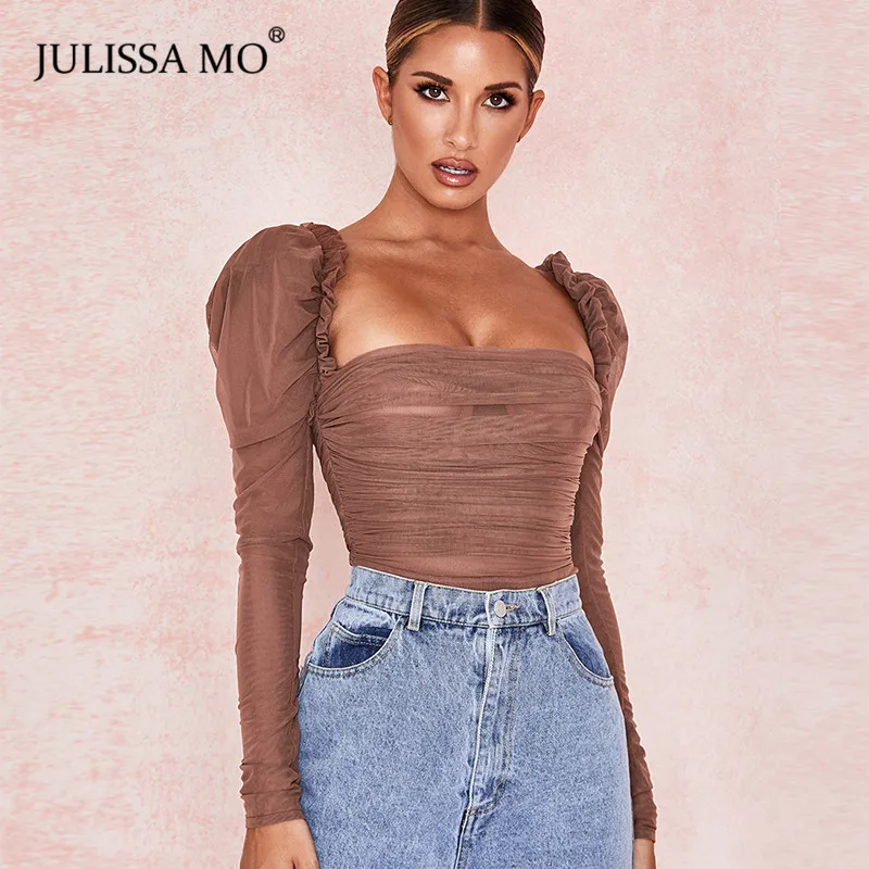 Julissa mo, черный, двойной слой, сетка, сексуальный боди, женские топы, осень, новинка, длинный рукав, средняя талия, боди, для девушек, бодикон, комбинезоны