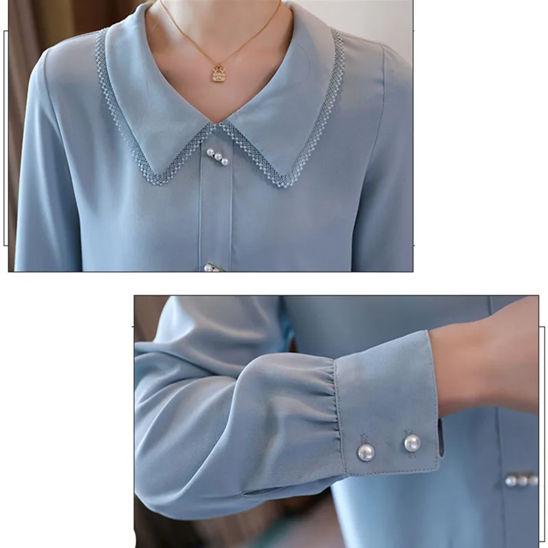 

A35 Blouses Chiffon Shirts for Women Elegant Woman Doll Collar Beading Blouse Woman Long Sleeve Blouse Ladies Tops Plus Size