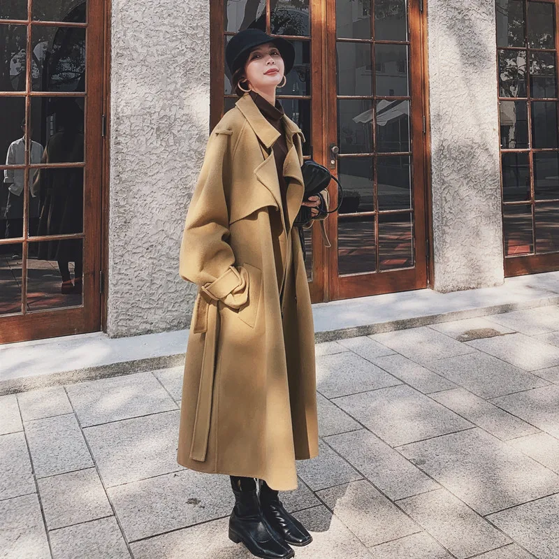 

Women's Fashion oversized Double-Breasted Thick Wool Trench Coat Plus size khaki Coats