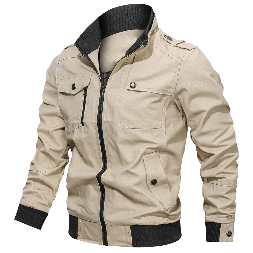 

Men Jacket Autumn Long Sleeve Stand Collar Zipper Pockets Military Pilot Jacket Coat solid color stand-up collar zipper jacket