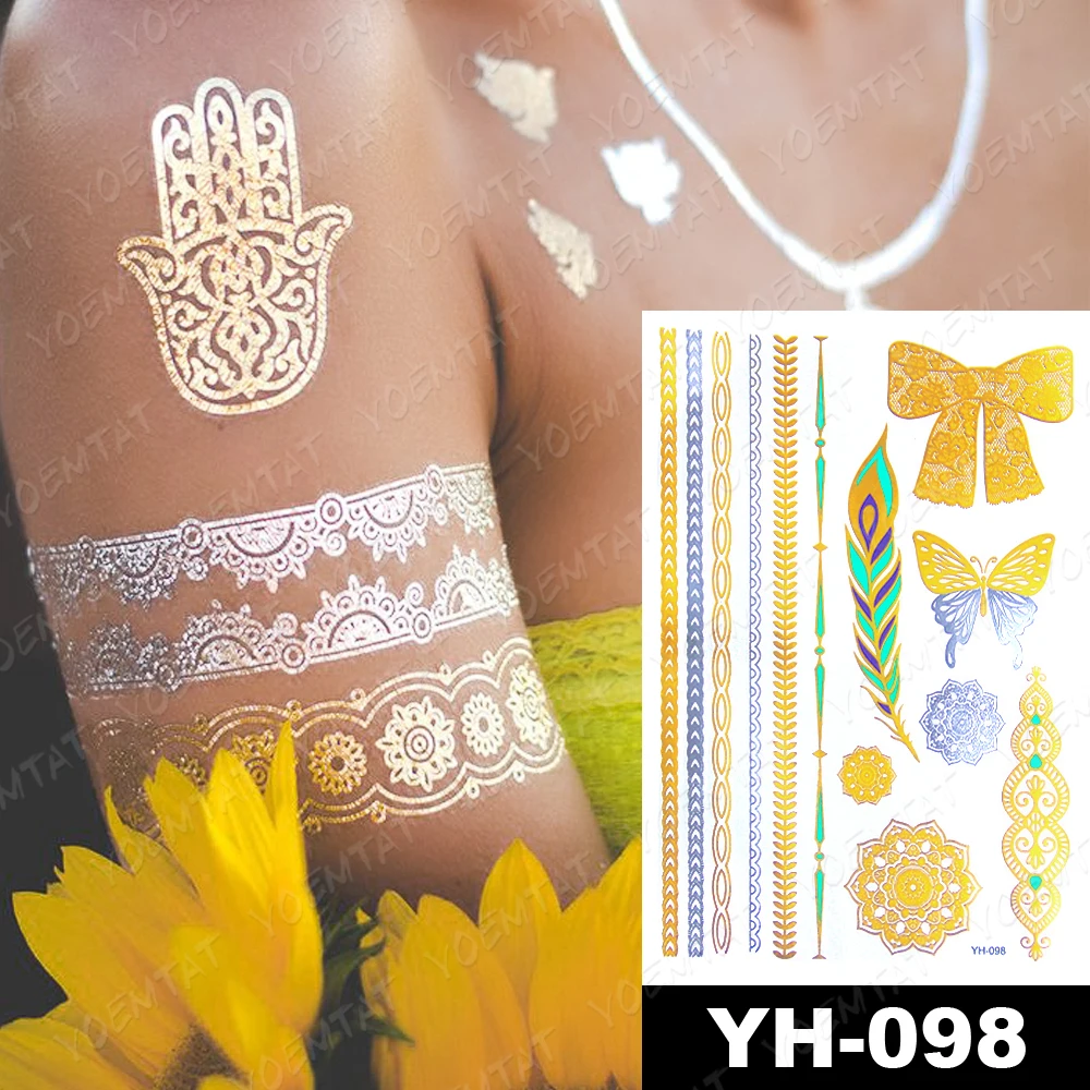 Водонепроницаемый временная татуировка Стикеры лотоса серьги Henna Mandala Перья Золотой металлический флэш-тату в богемном стиле с цветочным принтом блестящие украшения для боди-арта (art.: 3920b2fa5ea5b) - 3920b2fa5ea5b