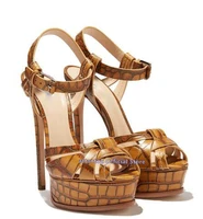 2020 summer sella brown crocodile print leather narrow band open toe ankle wrap sandals woman thin high heel platform dress shoe