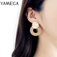 yamega hand made korean rattan earrings unique boho wooden geometric acrylic statement drop earrings fashion jewelry for women
