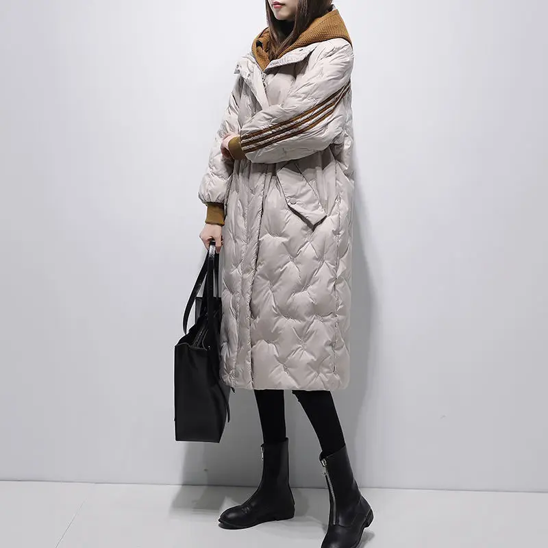 

2021 Women Hooded Cardigan zipper Splicing oversize Long Jacket Winter White Duck Down Coat Warm Parkas Female Outerwear Y4