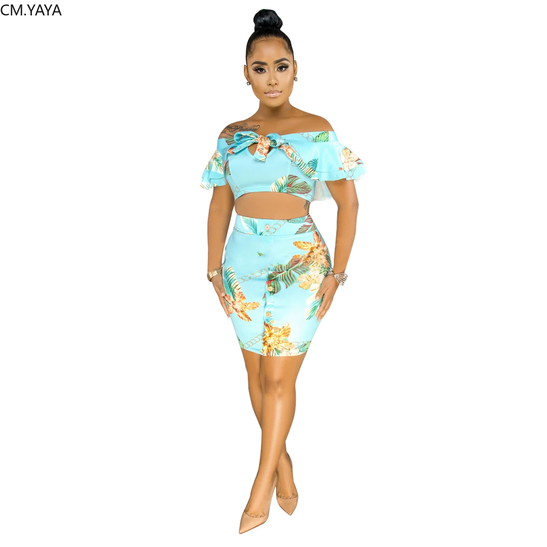 Женский комплект из двух предметов укороченный топ с цветочным принтом и рукавом