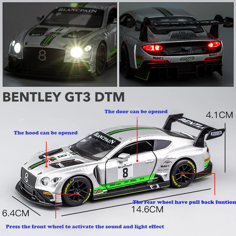 Модель мини автомобиля Bentley GT3 1:32 из сплава металлическая игрушка Литые и