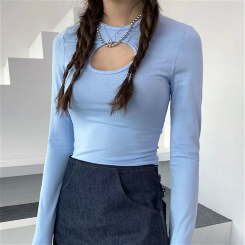

Clothes 2021 New Ins Tide Elastic Thread Bottoming Shirt Sexy Chest Hollow Long-sleeved T-shirt Korean Women's Clothing