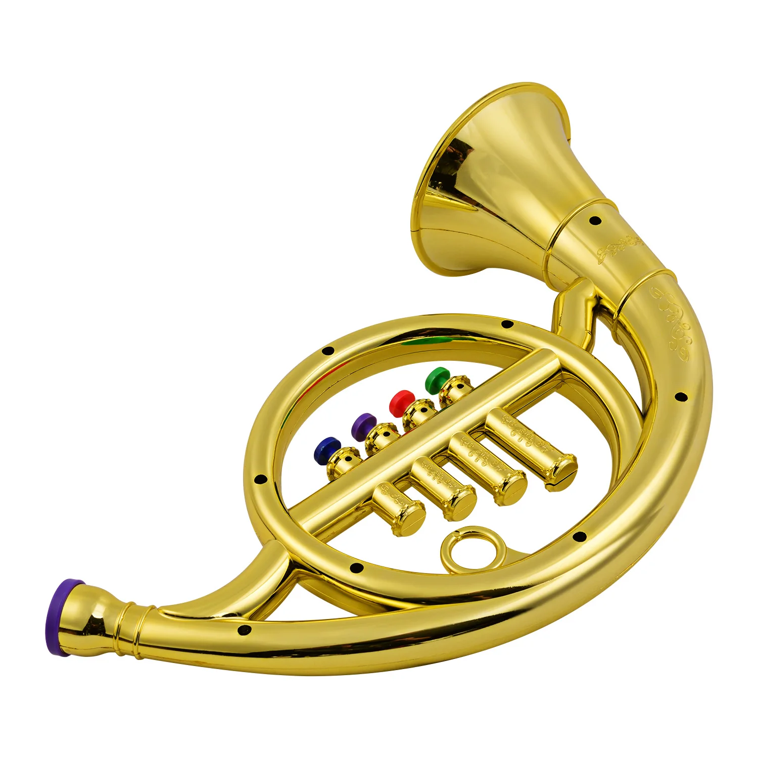 

Musical Wind Instruments French Horn for Kids Toddlers ABS Metallic Gold Horn with 4 Colored Keys