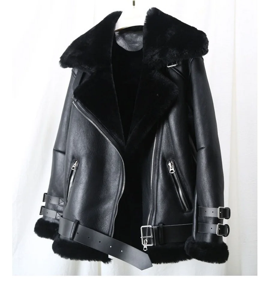 Winter Lamb Fur Bomber Real leather Jacket Women New Sheepskin Double Face Shearling Coat Oversized Genuine Leather Jackets