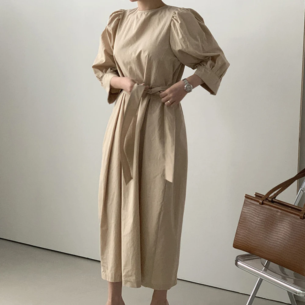 

Женское платье на шнуровке, однотонное повседневное простое платье в японском стиле с круглым вырезом и пышными рукавами, осень 2021