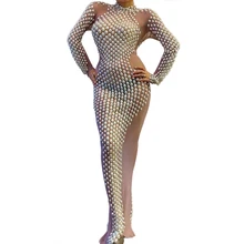 Party Evening Costume Mesh Gauze Perspective Dress Rhinestones Pearl Split Fork Floor-Length Dresses