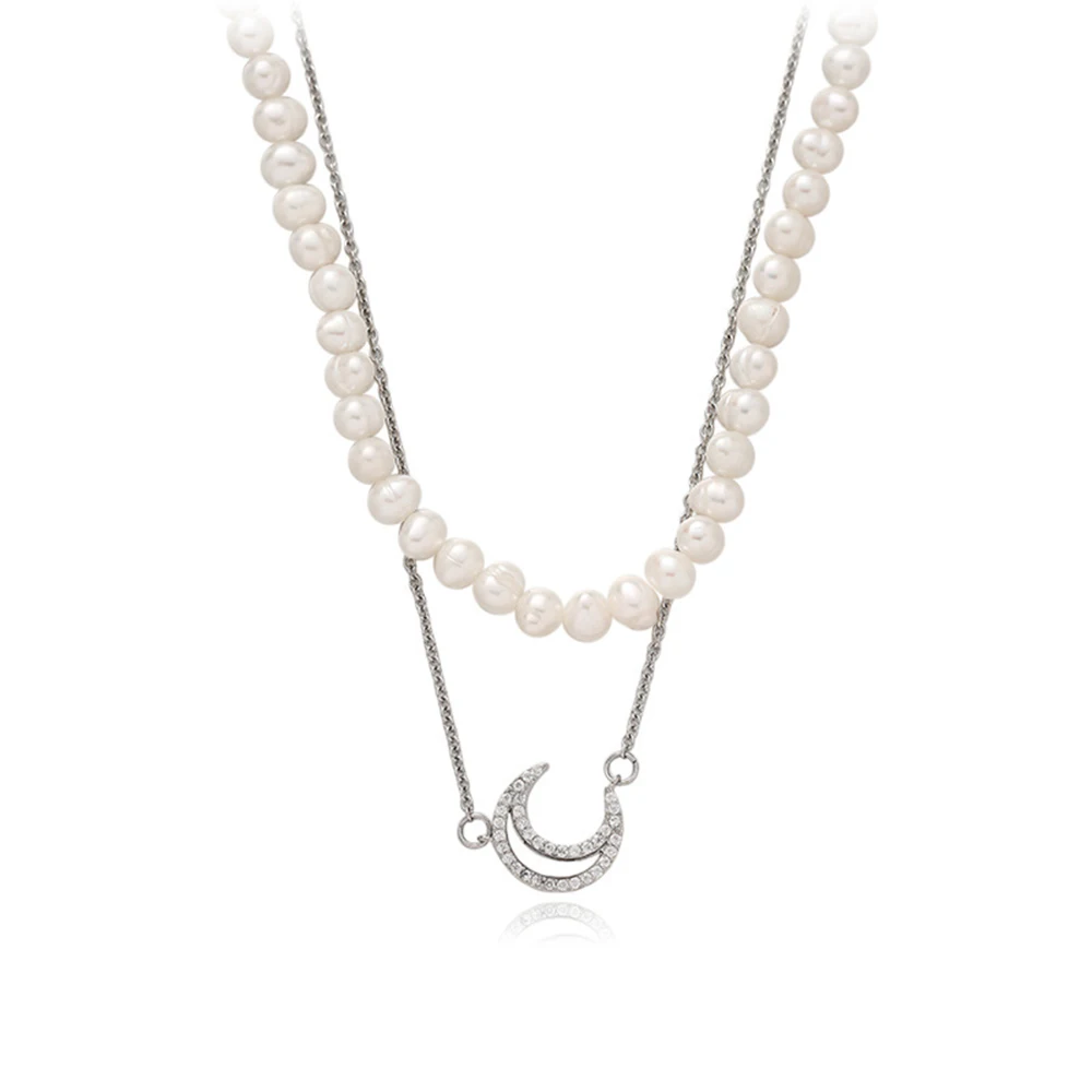 

Natural Freshwater Pearl Stacked Necklace Zircon Fritillary Moon Double Necklace Feminine Clavicle Chain