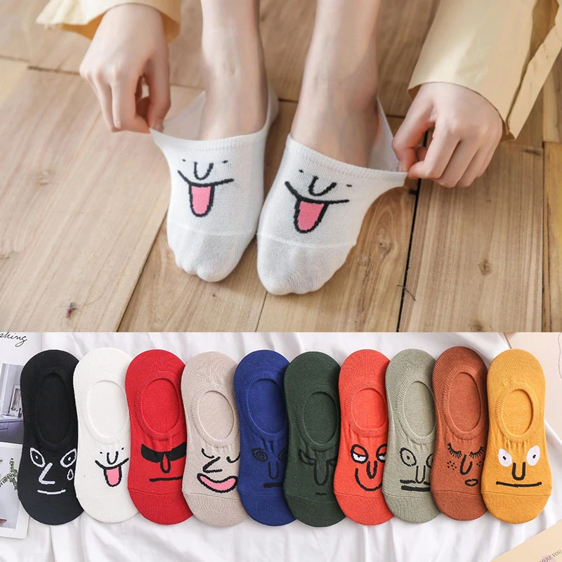 

ELGIREF Kawaii Embroidery Cute Expression Cotton Smiley Retro Color Ankle Funny Socks For Women 1 Pair EU Size 35-39