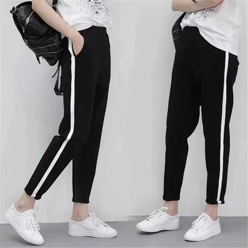 

GAOKE Autumn Harem Pants New Casual Long Trousers For Women Black Side Striped Thin Ankle-Length Pants Female Pencil Pant
