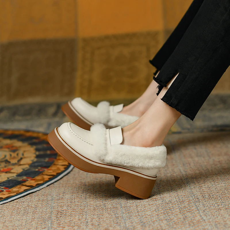 

Winter Genuine Leather Women's Shoes Casual Warm Wool Slip-On Loafers Round Toe Chunky Heel Pumps Shoes for Women Platform Shoes