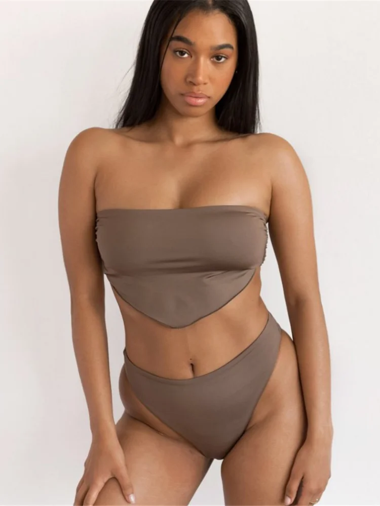 

Bikini 2021 New Solid Brown Belly Pocket Bra Design Swimsuit Women 2 Piece Set Women