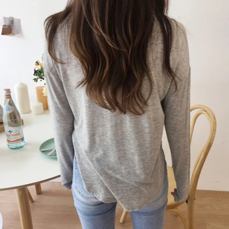 Black Spring T-Shirts Women Split Korean Slim Tops Casual Solid V-Neck Shirts Long Sleeve Cotton Vintage Autumn tshirts X705 | Женская