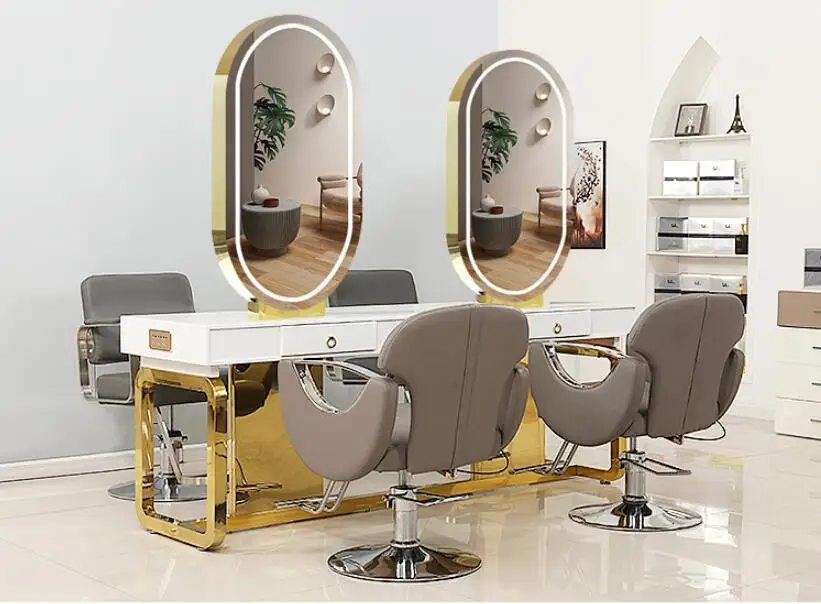 

Barber shop, single-sided mirror, hair salon, solid wood haircut, mirror with lamp