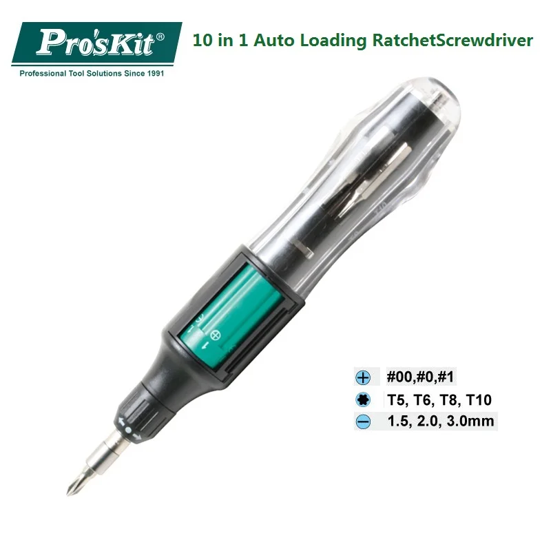 

Pro'sKit SD-9810A-BC 10 in 1 Auto Loading Ratchet Screwdriver-Double Blister