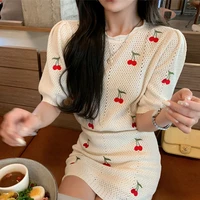 french gentle wind embroidery little cherry v neck knitting cardigan jacket dress hollow out suit dress with short sleeves