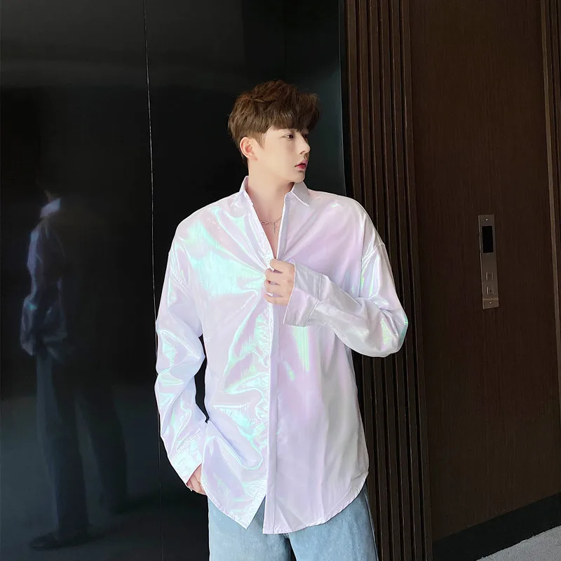 

Dazzling Double Men Layer Organza Sunscreen Long Sleeve Casual Shirt Male Nightclub Stage Show Loose Shirts