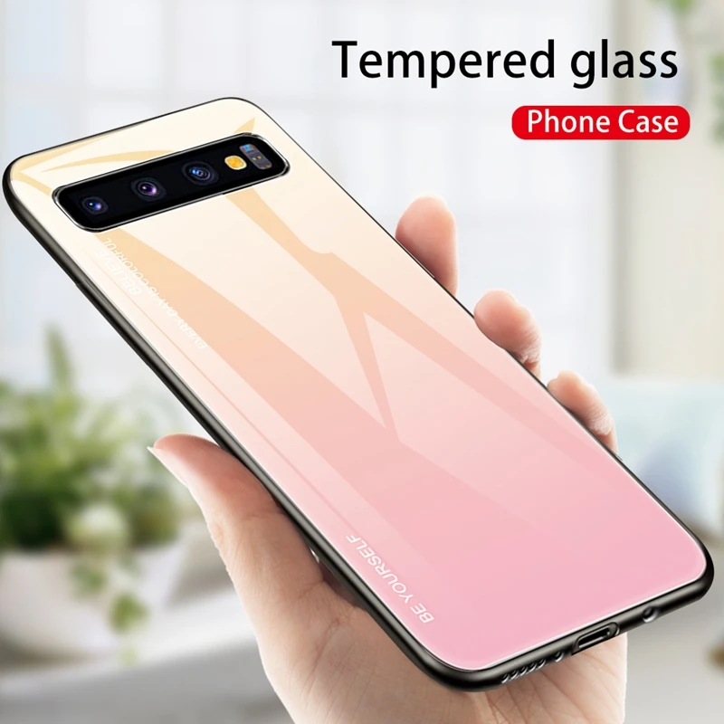 Градиентный чехол для samsung Galaxy S10 5G S10e S8 S9 Plus, закаленное стекло, чехлы для телефонов Note 10 Pro 8 9 Note9 S10+ S8+ S9+ A20e - Цвет: Yellow