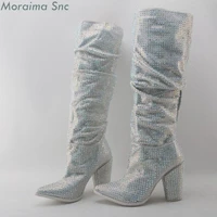 moraima snc crystal embellished women knee high boots sexy chunky heel boots slip on luxury ladies rhinestone boots runway shoes