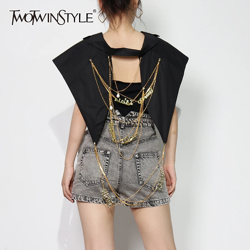 

TWOTWINSTYLE Streetwear Patchwork Metal Chain Shirt For Women V Neck Sleeveless Casual Black Blouse Female Fashion New Clothing