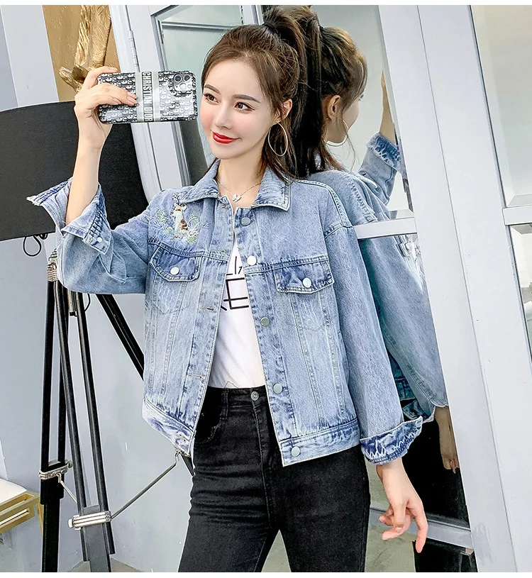 Джинсовая куртка с вышивкой Женский весенне осенний Топ популярная новинка 2021