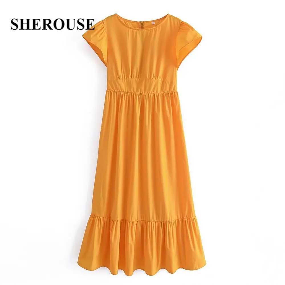 

Sherouse Women Fashion Solid Elastic Waist Back Zipper Midi Dress Vintage O-Neck Short Flying Sleeve Female Dresses