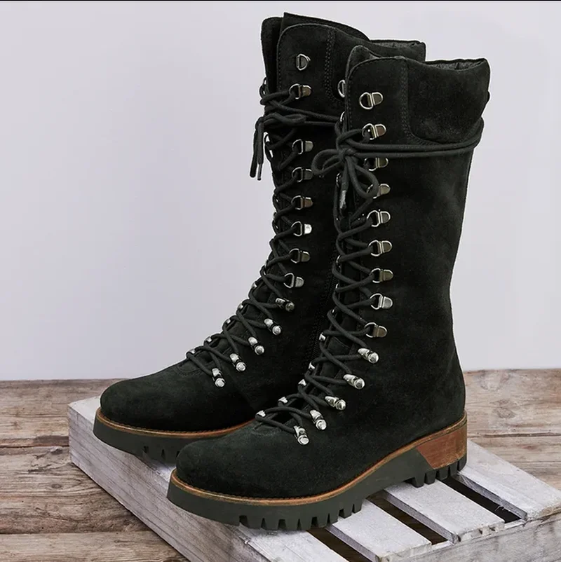 

Winter Fashion Women's Mid-Calf Boots Round Toe Western Lace-Up Side Zipper Ladies Boots Comfortable Non-Slip Motorcycle Bootie