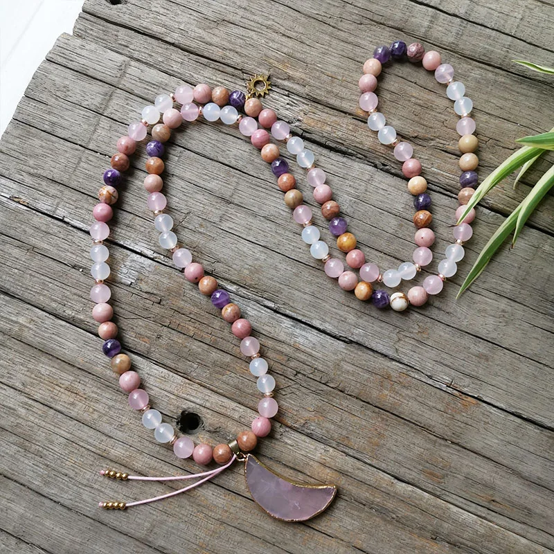 

8mm Natural Stone Beads,Rose Quartz Moon Pendant,Sun,Pink,JapaMala Sets,Spiritual Jewelry,Meditation,Inspirational,108 Mala Bead