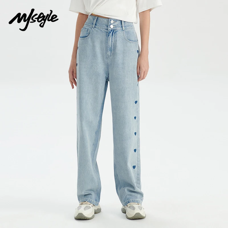 

Джинсы MJstyle для девочек, винтажные свободные синие джинсовые брюки в стиле бойфренда с принтом сердца, модель 2021 на осень, 721010025