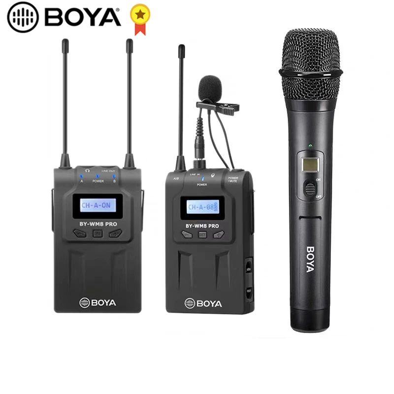 

BOYA BY-WM8 UHF двухканальная Беспроводная микрофонная система, 48 каналов, всенаправленный петличный микрофон для DSLR-видеокамер