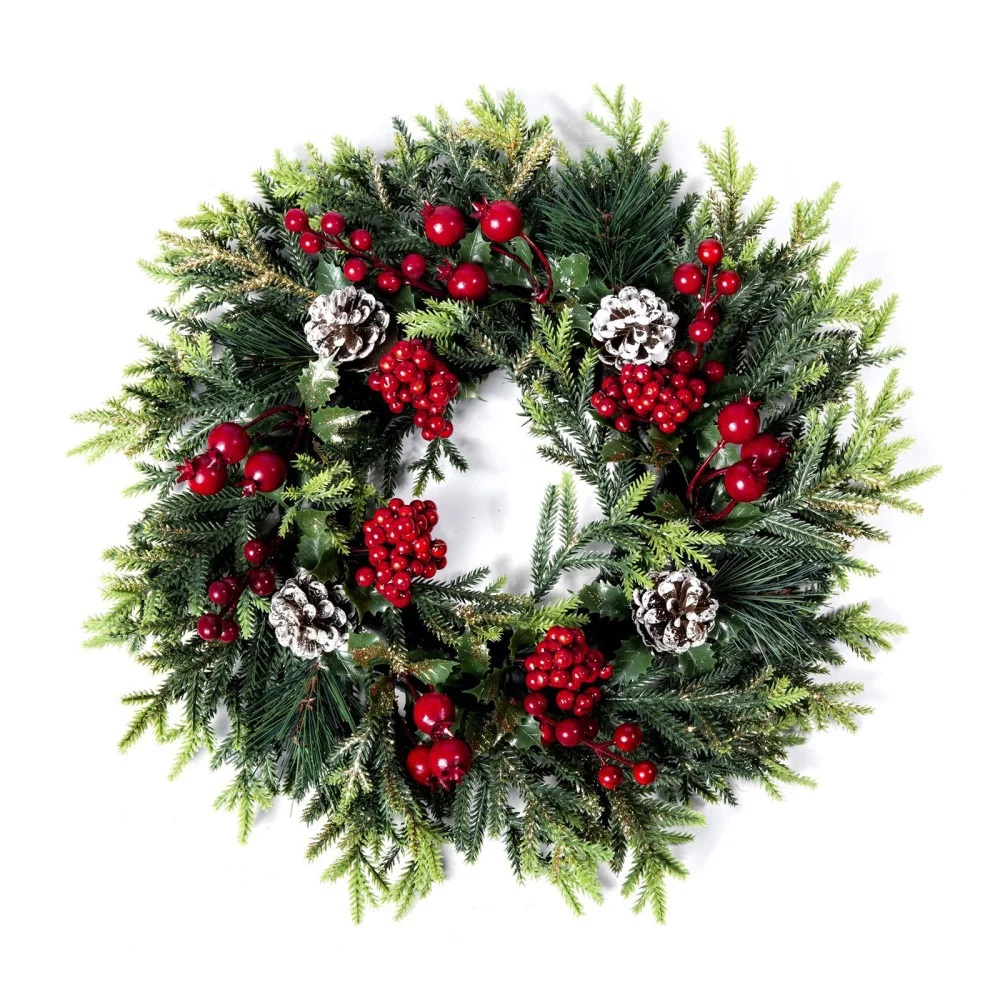 

Simulated Garland Christmas Wreath Pine Cones Front Door Wall Decorations 40cm Plastic Props Durable Colorful Hanging Ornaments